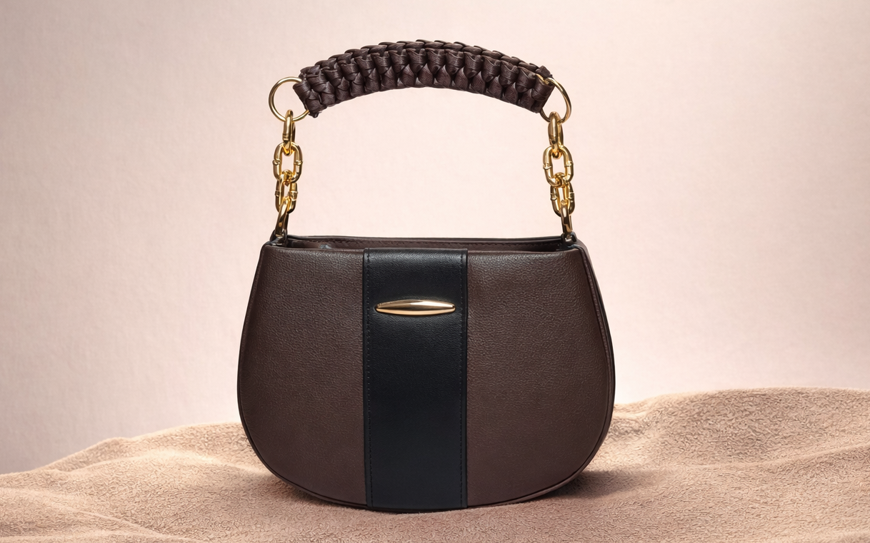 Brown Girls Hand-held Bag Brown Women Sling Bag Knitted Handle